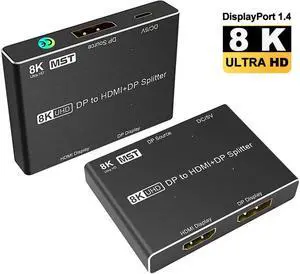 IXJYLCPC 8k DP1.4 Splitter, Directional DP to DP+HDMI 1IN 2OUT Converter Support 8k@30hz 4k@120hz 2k@144hz Adapter For Laptop PC To TV Projector