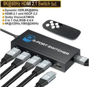 IXJYLCPC 8K@60Hz HDMI Switch 5x1 HD 8K HDMI Video Switcher Adapter 5 In 1 Out HDMI Splitter with Remote Control for DVD HDTV TV Box PS4 - OZ8Q5