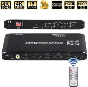 IXJYLCPC HDMI Matrix Switch 4x2 4K@60Hz 4:4:4 HDR ARC/SPDIF 5.1CH, Coaxial, 3.5mm Stereo Audio, HDCP 2.2 18Gbps, Matrix Splitter 4 in 2 Out with EDID Extractor and Remote Control