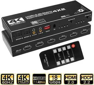 IXJYLCPC 4K 4 in 2 Out HDMI Matrix Switch, 4X2 HDMI Switcher with Audio Extractor UltraHD Supports Up to 4K @ 60Hz IR EDID HDCP 2.2 HDR10,2xSPDIF Audio, 2x3.5mm L/R Audio - Remote Control (OZJ1) IXJYLCPC 4K 4 in 2 Out HDMI Matrix Switch, 4X2 HDMI Switcher with Audio Extractor UltraHD Supports Up to 4K @ 60Hz IR EDID HDCP 2.2 HDR10,2xSPDIF Audio, 2x3.5mm L/R Audio - Remote Control (OZJ1)