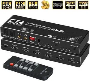 4 in 2 Out HDMI Matrix 4K@60Hz 4x2 HDMI Matrix Switch with IR Remote Control, Support EDID, HDMI 2.0b, HDCP2.2, HDR10, Ultra HD, 3D