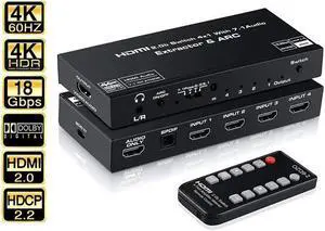 IXJYLCPC HDMI Switch 4x1 with Audio Extractor, 4K@60Hz Ultra HD HDMI Switcher with Optical TOSLINK SPDIF, 3.5mm Audio Support ARC Function, HDCP 2.2, RGB 8:8:8(7.1CH Dolby atmos),EDID,HDR 1