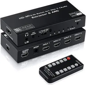 IXJYLCPC HDMI Switch 4x1 with Audio Extractor 4K@60Hz Ultra HD HDMI Switcher with Optical TOSLINK SPDIF 3.5mmAudio Support ARC Function 3D 1080P@120Hz 4Kx2k @60Hz HDTV(IR Wireless Remote Control)