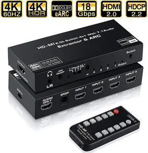 IXJYLCPC 4K@60Hz 4x1 HDMI Switch Audio Extractor with Optical Toslink SPDIF/3.5mm Audio Out, 4 Ports HDMI 2.0b Switcher with Remote Control Support ARC, HDCP 2.2, 3D, for Xbox, Fire Stick, PS5