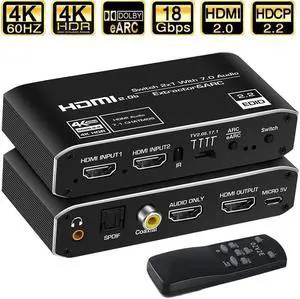 IXJYLCPC 4K HDMI Switch 2x1 with Audio Extractor 4K@60Hz Ultra HD HDMI Switcher with Optical TOSLINK SPDIF 3.5mmAudio Coaxial Support ARC Function 3D 1080P @120Hz 4Kx2k @60Hz HDTV(Remote Control)
