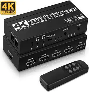 IXJYLCPC 3x2 HDMI Matrix 4K@60Hz 3 in 2 Out HDMI Switch Splitter with IR Remote HDMI Matrix Switch + 2xOptical + 2x3.5mm Audio Output, Support HDMI2.0 HDCP2.2 Auto Downscaler 3D Audio Extractor