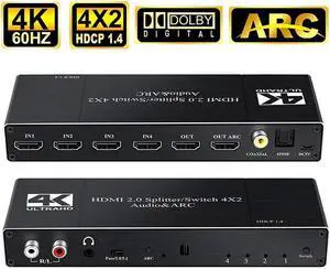 IXJYLCPC HDMI Switch 4x2 with Audio Extractor 4K@60Hz Ultra HD HDMI Switcher with Optical TOSLINK SPDIF R/L3.5mm Audio Coaxial Support ARC Function 3D 1080P@120Hz 4Kx2k @60Hz HDTV(Remote Control)