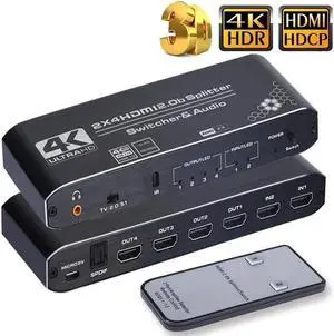 IXJYLCPC HDMI Switch Splitter with Audio Extractor 4K@60Hz Optical 3.5mm Audio Out 4K HDMI Switcher 2 in 4 Out HDMI Audio Splitter Converter IR Remote Control Support HDCP 2.2 HDMI2.0b RGB4:4:4