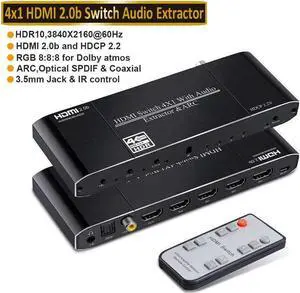 IXJYLCPC 4K@60Hz 4x1 HDMI Switch Audio Extractor with Optical Toslink SPDIF/Coaxial/3.5mm Audio Out 4 Ports HDMI 2.0b Switcher with Remote Control Support ARC, HDCP 2.2 3D for Xbox Fire Stick PS5