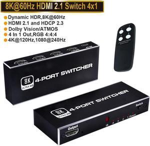 IXJYLCPC 8K HDMI Switch,4 in 1 Out Ultra HD 8K@60Hz 4K@120Hz HDMI Splitter,4 Port High Speed-48Gbps HDMI 2.1 Switch with IR Remote Control-Metallic Black