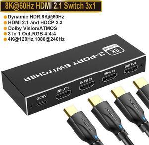 IXJYLCPC 8K HDMI Switch,3 in 1 Out Ultra HD 8K@60Hz 4K@120Hz HDMI Splitter,3 Port High Speed-48Gbps HDMI 2.1 Switch with IR Remote Control-Metallic Black