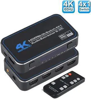 IXJYLCPC 4 In 1 Out 4K@60Hz HDMI Switch Audio Extractor with Optical 3.5mm Stereo Audio Out, 4x1 Switcher Converter Adapter with Remoter for XBox PS4 PS5 Pro PC Projector Laptop - OZQ4