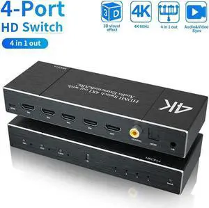 IXJYLCPC 4K 60Hz HDMI 2.0 Switch 4 Port with Audio Extractor and ARC, Support Coaxial3.5mm AUXOptical Audio Out, HDMI Splitter with Remote Support HDR, HDCP2.2, 3D,18Gbps, Dolby Vision , OZQ7
