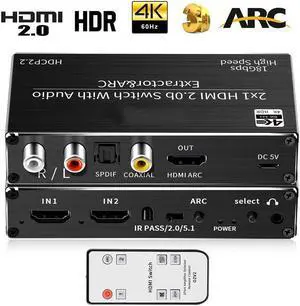 IXJYLCPC 4K@ 60Hz HDMI Audio Extractor Splitter, 2x1 HDMI to HDMI + Optical Toslink SPDIF + 3.5mm Audio Jack + Coaxial + R/L Audio Support ARC and eARC Function, OZV2