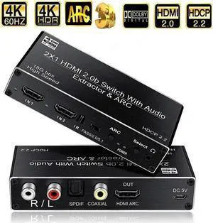 IXJYLCPC 4K@60Hz HDMI Switch 2x1, 2 Port HDMI2.0b Switch Box with Optical Toslink SPDIF/Coaxial/3.5mm R/L Audio Out, HDMI Selector Switch with Remote(OZV2) IXJYLCPC 4K@60Hz HDMI Switch 2x1, 2 Port HDMI2.0b Switch Box with Optical Toslink SPDIF/Coaxial/3.5mm R/L Audio Out, HDMI Selector Switch with Remote(OZV2)