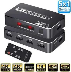 IXJYLCPC Switcher HDMI 2.0-compatible 5 in 1 out 4K 60Hz 2K 120Hz Switch Splitter adapter IR Remote For PS5 PS4 Projector Supports Ultra HD Dolby Vision, 18.5Gbps, HDR10, HDCP 2.2 & 3D - OZQ3-3 IXJYLCPC Switcher HDMI 2.0-compatible 5 in 1 out 4K 60Hz 2K 120Hz Switch Splitter adapter IR Remote For PS5 PS4 Projector Supports Ultra HD Dolby Vision, 18.5Gbps, HDR10, HDCP 2.2 & 3D - OZQ3-3