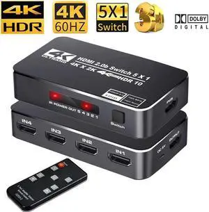IXJYLCPC 4K 60Hz HDMI Switch 5 In 1 Out 5x1 Switcher Converter Adapter with Remoter for XBox PS4 PS5 Pro PC Projector Laptop - OZQ3-3