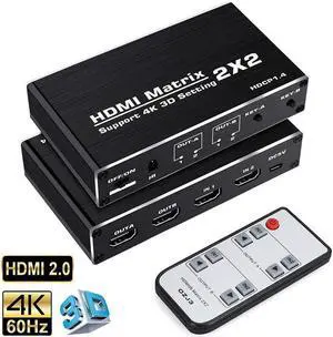 IXJYLCPC 4K HDMI Matrix Switch 2 X 2 ,2 in 2 Out Video Switcher Splitter with IR Remote Controller,Support 4K@60Hz 3D 18.5Gbps, HDMI 2.0b, HDCP 1.4,HDR,YUV 4:2:0 (OZJ3)