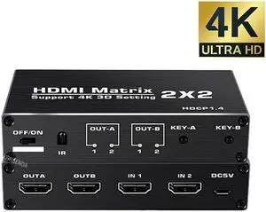 IXJYLCPC 2x2 HDMI Matrix, 4K@60Hz 2 in 2 Out HDMI Switch Splitter with IR Remote, HDMI Matrix Switch Support 4K,3D, 1080p,HDCP1.4, HDR,YUV 4:2:0 (OZJ3)