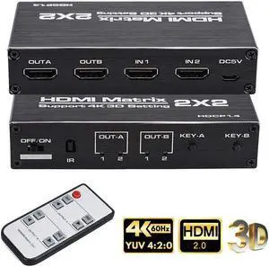 IXJYLCPC 2x2 HDMI Matrix Switch 4K - 4K 60Hz 18Gbps, 4K,3D, 1080p,HDCP1.4, HDR,YUV 4:2:0 Control via Remote, 2 in 2 Out Video Matrix Switch (OZJ3)
