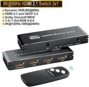 IXJYLCPC 8K HDMI Switch 3in1 Out 3 Port HDMI Splitter with IR Remote HDMI Switcher Selector Box Support 8K@60Hz 4K@120Hz HDMI 2.1Switch Compatible with PS 5/4/3 Xbox Switch Ro-ku TV Fire Stick PC