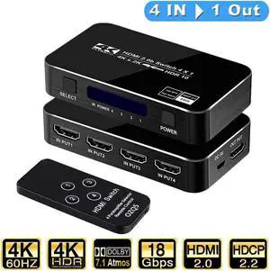 IXJYLCPC 4K@60Hz HDMI Switch 4in1 Out w/IR Remote Control 4Port Switcher Selector Box for Xbox Nintendo PS4 PS5TV Fire Stick Roku Supports Ultra HD Dolby Vision 18.5Gbps HDR10 HDCP 2.2 & 3D  OZQ5