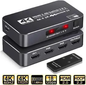 IXJYLCPC 4K@60Hz HDMI Switch 3in1 Out w/IR Remote Control 3Port Switcher Selector Box for Xbox Nintendo PS5 PS4 TV Fire Stick Roku Supports Ultra HD Dolby Vision 18.5Gbps HDR10 HDCP 2.2 3D OZQ2-2