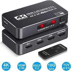 IXJYLCPC 4K 2K 60Hz HDMI Switch 3x1 HD 4K HDMI Video Switcher Adapter 3 In 1 Out HDMI Splitter with Remote Control for DVD HDTV TV Box PS4 - OZQ2-2