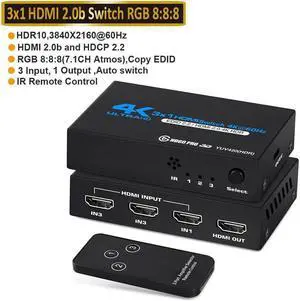 IXJYLCPC 4k HDR 3x1 HDMI Switch with IR Remote Control 3 Ports HDMI 2.0 Switcher Selector Supports HDCP 2.2 4K@60Hz UltraHD HDR10 3D HD1080P Dolby DST HDMI Splitter for PS4 Xbox Apple TV OZQ2-1