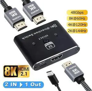 IXJYLCPC HDMI 2.1 Ultra 8K HD Bi-Directional Switch 8K@60Hz 4K@120Hz 1in 2out 2in 1out High Speed 48Gbps Splitter(Singal Display) Converter Compatible with PS5 Xbox Series X/S Apple TV 4K/8K TV