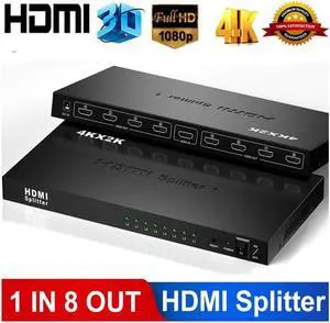 IXJYLCPC 1x8 HDMI Splitter by 1 Port to 8 HDMI Display Duplicate/Mirror - Powered Splitter for Full HD 4Kx2K High Resolution & 3D Support (One Input To Eight Outputs) - Adapter Included
