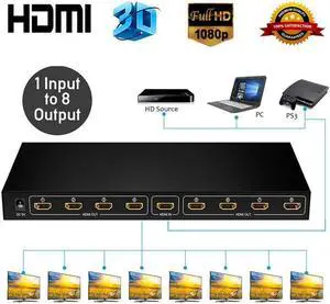 IXJYLCPC Hdmi Splitter 1 in 8 Out V1.4b Powered Hdmi Video Splitter with AC Adaptor Duplicate/Mirror Screen Monitor Supports Ultra HD 1080P and 3D Resolutions (1 Input to 8 Outputs)