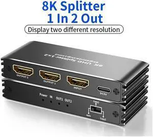 IXJYLCPC 4K 120Hz HDMI Splitter 1x2, Duplicate/Mirror,ESTONE 8K HDMI Splitter 1 in 2 Out [Metal Case, 2Port ] , Powered Splitter, 1 Source to 2 Identical Displays HDCP 2.3 EDID for TV, Projector
