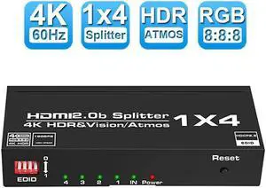 IXJYLCPC HDMI Splitter 1 in 4 Out 4K HDMI Splitter for Four Monitors Duplicate/Mirror Only, 1x4 HDMI Splitter 1 to 4 Amplifier for Full HD 1080P 3D EDID HDR10(1 Source onto 4 Displays)