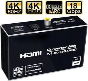 IXJYLCPC HDMI Audio Extractor 4K60Hz ARC/eARC Audio Extractor HDMI2.0 Splitter Audio Converter,HDMI+Optical Toslink SPDIF+3.5mm Audio Jack+Coaxial+7.1Ch, Support-HDCP 2.2-EDID,Dolby Vision,HDR 10