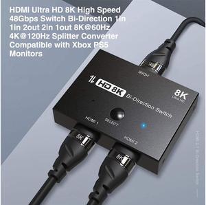 IXJYLCPC Ultra HD 8K Switcher Bi-Direction, HDMI 2.1 Switcher 2 in 1 out/1 in 2 out 8K@60Hz 4K@120Hz Ultra HD KVM Switcher 2x1 1x2 Adapter for PS4/5 TV Box HDTV Xbox Projector