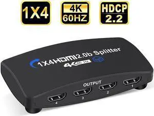 IXJYLCPC 4K@60Hz HDMI Splitter 1 in 4 Out HDMI Splitter for 4 Monitors Duplicate/Mirror with Same Image, 1x4 HDMI2.0b Splitter HDCP2.2 for Xbox, PS5, Roku (1 Source onto 4 Displays)