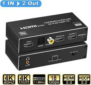 IXJYLCPC 4K@60Hz HDMI Splitter with Audio Extractor 1x2 8:8:8,18 Gbps,Supports HDMI2.0b,HDCP 2.2,Duplicate/Mirror/Copy,HDR,Dolby Vision Atmos,4K HDMI Splitter 1 in 2 Out for HDTV, Xbox, PS5/4/3