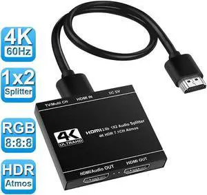 IXJYLCPC HDMI Splitter 1 in 2 Out, HDMI Splitter 1x2 Power 4K HDMI Splitter with HDMI Audio Output, 4K@60Hz Dual Monitors Duplicate/Mirror for PS4 Fire Stick HDTV