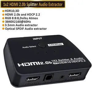 IXJYLCPC HDMI Switch 4K HDMI Splitter-HDMI Switcher Splitter 1 Input 2 Output, Support 4K 3D 1080P for Xbox PS4 Roku HDTV Fire Stick Blu Ray(with Audio Extractor(3.5mm & SPDIF audio out))