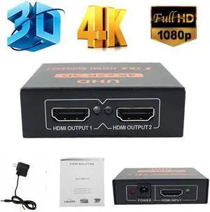 IXJYLCPC Hdmi Splitter 1 in 2 Out V1.4b Powered Hdmi Video Splitter with AC Adaptor Duplicate/Mirror Screen Monitor Supports Ultra HD 1080P 2K x4K@30Hz and 3D Resolutions (1 Input to 2 Outputs)