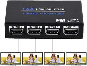 IXJYLCPC HDMI Splitter 1 in 4 Out V1.4b Powered HDMI Video Splitter with AC Adaptor Duplicate/Mirror Screen Monitor Supports Ultra HD 1080P 2K x4K@30Hz and 3D Resolutions (1 Input to 4 Outputs)