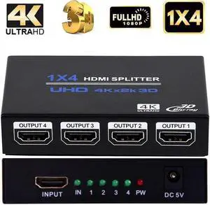 IXJYLCPC HDMI Splitter 1 in 4 Out 4K 4 Port HDMI Splitter Powered Video Splitter 4 Outputs w/ AC Adapter, Duplicate/Mirror Screens for Fire Stick/Roku/DirecTV/Cable Box/Security Cameras