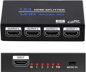 IXJYLCPC 1x4 HDMI Splitter 1 in 4 Out HDMI Splitter Audio Video Distributor Box Support 3D & 4K x 2K Compatible for HDTV, STB, DVD, PS3, Projector Etc