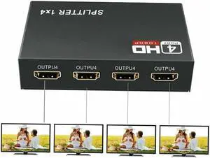 IXJYLCPC HDMI Splitter 1 in 4 Out V1.4b Powered HDMI Video Splitter Compatible with DVD Player, Supports HD 1080P 4K and 3D Resolutions (1 Input to 4 Outputs)