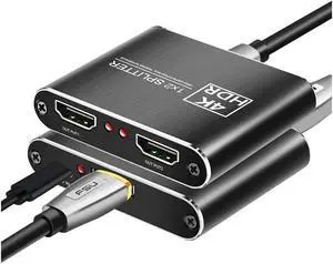 IXJYLCPC 4K@60Hz HDMI Splitter 1 in 2 Out Aluminum HDMI Splitter for Dual Monitors Duplicate/Mirror with Same Image, 1x2 HDMI2.0b Splitter HDCP1.4 for Xbox, PS5, Roku (1 Source onto 2 Displays)