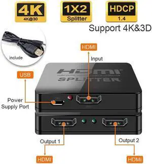 IXJYLCPC 1x2 HDMI Splitter 1 Port to 2 HDMI Display Duplicate/Mirror - Splitter Ver 1.3 Certified for Full HD 1080P High Resolution & 3D Support (One Input To Two Outputs) - Power Cable Included