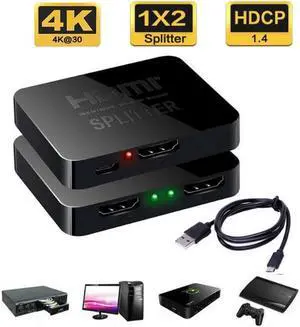 IXJYLCPC HDMI Splitter 1 in 2 Out 4K links HDMI Splitter 1 to 2 Amplifier for Full HD 1080P/ 3D/ 4K Come with USB Cord(1 Source onto 2 Displays)