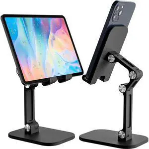 IXJYLCPC Universal Cell Phone Desktop Mount Stand Foldable Phone Holder, Adjustable for iPad, iPhone, Samsung, Asus and More 4-12.9" Cell Phones, Switch, iPad and other Tablet PC (Upgraded Black)