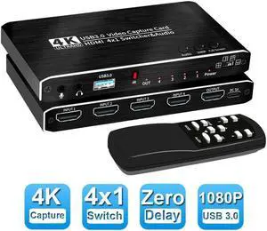 IXJYLCPC 4x1 4K@30Hz USB3.0HDMI Video Capture Card Seamless Switch 4K30FPS HD Game Capture Device Cam Link with Mic&Audio Work with Xbox PS4/5 Switch DSLR for OBS Twitch Live Streaming Recording